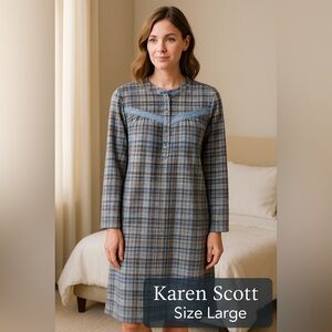 Karen Scott Fleece Plaid Nightgown • Blue Gray • Lace Trim • Size Large